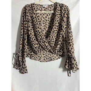 Superdown Cross Over Top Blouse Crop Long Sleeve Animal Print Size Small